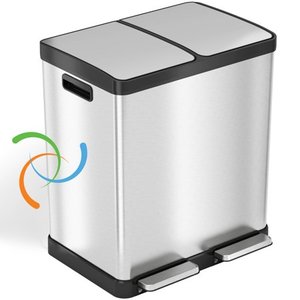 lot 5470 image: iTouchless SoftStep 16 Gallon Step Trash Can & Recycle Bin with Activated Carbon Filter Deodorizers Stainless Steel 2 x 8 Gallon (30L) Removable Color-Coded Buckets Soft Close and Airtight Seal