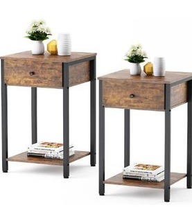 lot 5492 image: Ecoprsio Nightstand Set of 2 Industrial End Table Side Table with Drawer and Storage Shelf Wood Night Stand Rustic Bedside Table for Bedroom, Living Room, Sofa Couch, Hall, Easy Assembly