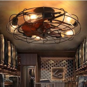 lot 5495 image: Caged Ceiling Fan with Light Remove Control with 5 Bulbs, 20  Rustic Low Profile Flush Mount Ceiling Fan Light, Enclosed Industrial Ceiling Fan Light for Bedroom Living Room Farmhouse