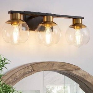 lot 5525 image: PAZALA Black and Gold Vanity Lights for Bathroom Mid Century Modern Wall Light Fixtures Over Mirror with Clear Globe Glass Shade (3 Lights-Exclude Bulb)