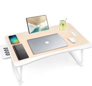 lot 5530 image: Amaredom Laptop Bed Desk Tray Bed Table, Foldable Portable Lap Desk with Storage Drawer and Cup Holder for Eating Breakfast on BedCouchSofa-White Oak