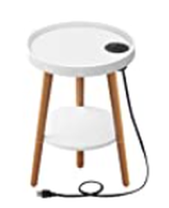lot 5468 image: Greenstell End Table with Charging Station, Round Side Table with Storage Shelf, USB Ports and Anti-Drop Fence, 2-Tier Small Nightstand Sofa Table for Living Room, Bedroom White 15  15  20.4inches