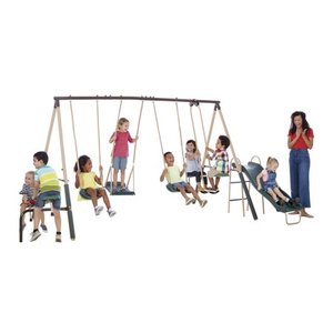 lot 1132 image: XDP Recreation Crestview Outdoor Swing Set with 3 Swings Slide Glider & See Saw