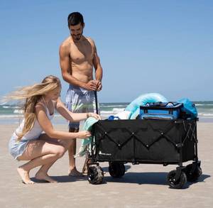 lot 70 image:  Blue color Moon Lence Collapsible Folding Wagon Cart Heavy Duty Folding Garden Portable Hand Cart with All-Terrain Beach Wheels, Adjustable Handle & Drink Holders
