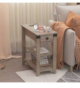 lot 82 image: Narrow End Table with Charging Station Farmhouse End Table with USB Ports and Outlets for Small Space, Sofa Side Table with Storage Drawer, Rustic Gray