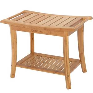 lot 106 image: OasisSpace Bamboo Shower Bench, 24 Waterproof Shower Chair with Storage Shelf, Wood Spa Bath Organizer Seat Stool, Perfect for Indoor or Outdoor