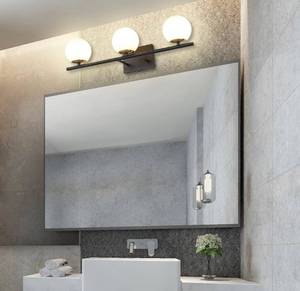 lot 195 image: YHTlaeh New Bathroom Vanity Light Fixtures Plating Brass and Black Milk White Globe Glass Shade Modern Wall Bar Sconce Over Mirror (3 Light)