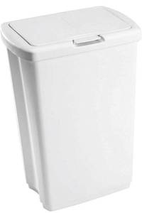 lot 279 image: Rubbermaid Spring Top Kitchen Bathroom Trash Can with Lid, 13 Gallon White Plastic Garbage Bin