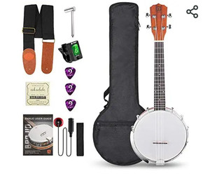 lot 48597 image: Vangoa Banjo Ukulele,4 String Banjolele with Armrest, Concert 23 Inch Sapele Banjo Ukulele with Beginner Kit
