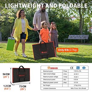 lot 75490 image: DOKIO 110w 18v Portable Foldable Solar Panel Kit (21x28inch, 5.9lb) Solar Charger With Controller 2 Usb Output To Charge 12v BatteriesPower Station (AGM, Lifepo4) Rv Camping Trailer Emergency Power
