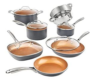lot 75494 image: Gotham Steel Pots and Pans Set 12 Piece Cookware Set with Ultra Nonstick Ceramic Coating by Chef Daniel Green, 100% PFOA Free, Stay Cool Handles, Metal Utensil & Dishwasher Safe - 2020 Edition (B08P44SNWJ)