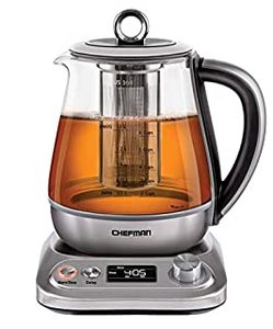 lot 14406 image: Chefman Digital Electric Glass Kettle, No.1 Kettle Manufacturer, Removable Tea Infuser Included, 8 Presets & Programmable Temperature Control, Auto Shutoff, Water Filter, 6 Cup Capacity, 1.5 Liter (B07TYGG2S3)