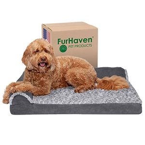lot 24488 image: Furhaven Pet Bed for Dogs and Cats - Two-Tone Faux Fur and Suede L-Shaped Chaise Egg Crate Orthopedic Dog Bed, Removable Machine Washable Cover - Stone Gray, Large