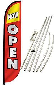 lot 24516 image: LookOurWay Open Themed 12-Feet Tall Feather Flag Banner for Business Advertisement, Complete Set with 5-Piece Aluminum Pole Set and Ground Spike, Now Open RedYellow