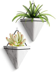 lot 24530 image: FairyLavie 6 Hanging Planter, 2 Pack Ceramic Geometric Wall Planters Plant Holder Container with Hooks for Indoor Outdoor Wall Decor, Ideal Gift for Family Friends