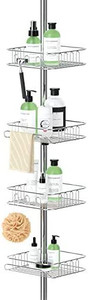 lot 24534 image: Shower Caddy, Corner Shower Caddy Tension Pole 4 Tier Adjustable Rustproof Shower Organizer Stand Bathroom Bathtub Storage Organizer for Shampoo Accessories