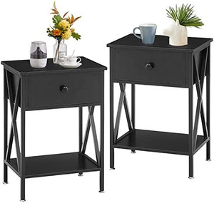 lot 14430 image: VECELO Modern Versatile Nightstands X-Design Side End Table Night Stand Storage Shelf with Bin Drawer for Living Room Bedroom, Set of 2 (Black)