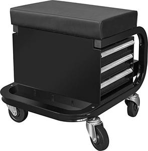 lot 14434 image: TCE APD2016AU Torin Rolling Tool ChestTool Box with 3 Drawers and Wheels, Padded Mechanic Stool Creeper Seat, Black