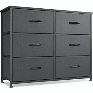 lot 34475 image: CubiCubi Dresser for Bedroom, 6 Drawer Storage Organizer Tall Wide Dresser for Bedroom Hallway, Sturdy Steel Frame Wood Top, Black Grey
