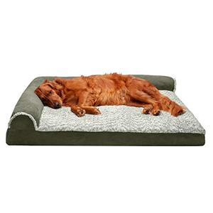 lot 44358 image: Furhaven Pet Bed for Dogs and Cats - Two-Tone Faux Fur and Suede L-Shaped Chaise Memory Foam Dog Bed, Removable Machine Washable Cover - Dark Sage, Jumbo (X-Large)