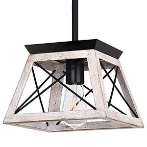 lot 44362 image: Merbotin Farmhouse White Mini Island Light Pendant Light, Wood-Like Ceiling Light Trapezoidal Shape Island Hanging Chandelier for Kitchen, Dining Table, Living Room, Entryway, Hallway- White