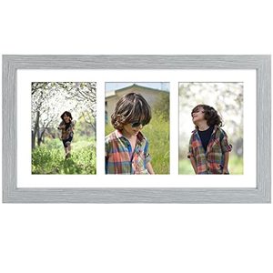 lot 44365 image: Golden State Art, 9x18 Grey Wood Frame - White Mat for Three 5x7 Pictures - Sawtooth Hangers - Swivel Tabs - Wall Mounting - LandscapePortrait - Real Glass - Collage Frame