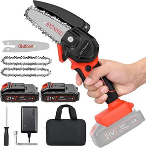 lot 44366 image: Mini Cordless Chainsaw Kit with 2 Batteries, Upgraded 4 One-Hand Handheld Electric Portable Chainsaw, 21V Rechargeable Battery Operated, for Tree Trimming and Branch Wood Cutting by New Huing
