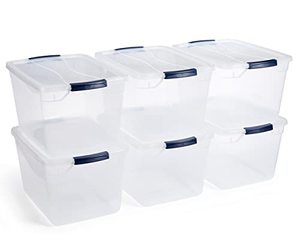 lot 44406 image: Rubbermaid Cleverstore Clear 30 Qt7.5 Gal, Pack of 6 Stackable Plastic Storage Containers with Durable Latching Clear Lids, Visible Storage, Great for Closet, Laundry, and Kitchen Storage