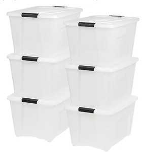 lot 3237 image: Iris USA 53 Qt. Plastic Storage Bin Tote Organizing Container with Durable Lid and Secure Latching Buckles, Stackable and Nestable, 6 Pack, Clear With Black Buckle (Damage One of 6 Containers Has Crack On Bottom)
