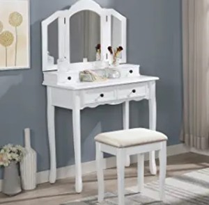 lot 5446 image: Roundhill Furniture Sanlo Wooden Vanity  Make Up Table and Stool Set  White
