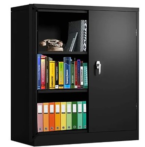 lot 3206 image: Greenvelly Metal Storage Cabinet With Locking Doors, Lockable Steel Storage Cabinet With 2 Doors and Shelves, Black Metal Cabinet with Lock, Small Steel Cabinet for Office, Garage, Home - Retail $125.99