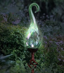 lot 10592 image: Exhart Solar Pearlized Glass Spiral Garden Stake With Finial Green RS