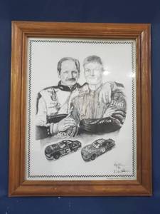 lot 14065 image: Framed Wall Art Drawing of Dale Earnhardt and Dale Earnhardt Jr