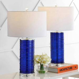 lot 49836 image: 2 - Jonathan Y Cole 27.5 Modern Fused Blue Glass Cylinder Led Table Lamp