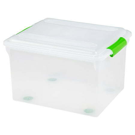 lot 376 image: IRIS Letter and Legal Size Store-and-Slide File Storage Box with Green Handle Clear Set of 4