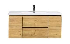 lot 356 image: MORENO MOB 48 NATURAL OAK WALL MOUNTED MODERN BATHROOM VANITY WITH REINFORCED ACRYLIC SINK