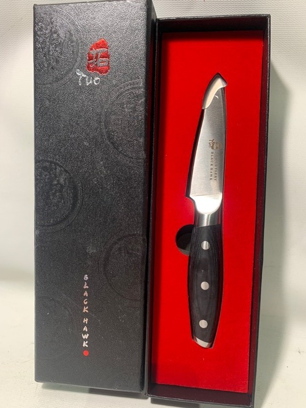lot 26 image: New TUO Cutlery 3.5 Black Hawk Series Full Tang Pakkawood Handle German HC Steel Paring Knife