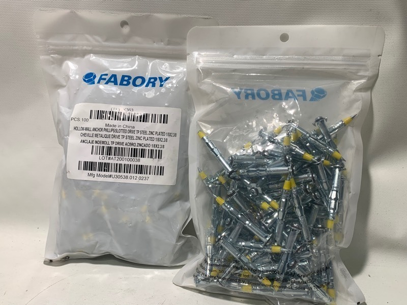 lot 434 image: 2 New Bags of Fabory Hollow-Wall Anchor Phillips Slotted Drive TP Steel Zinc Plated Screws 18x2.38