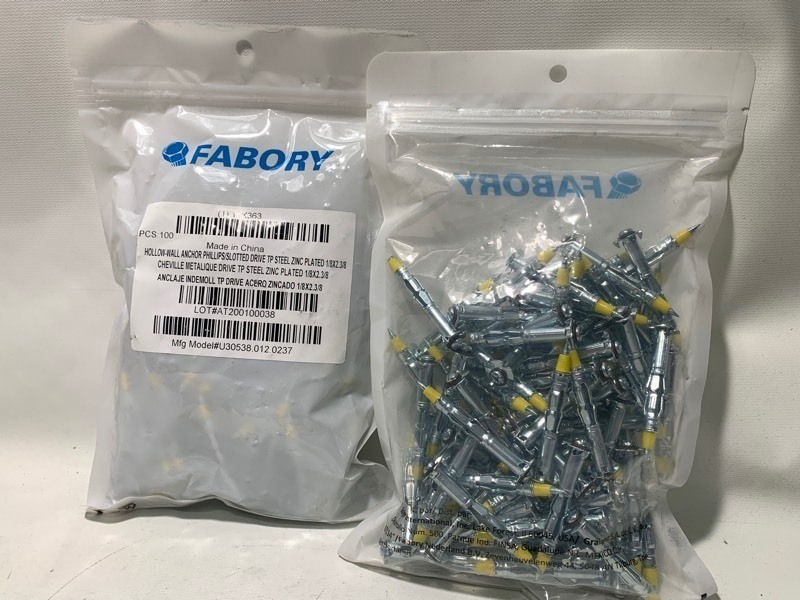 lot 435 image: 2 New Bags of Fabory Hollow-Wall Anchor Phillips Slotted Drive TP Steel Zinc Plated Screws 18x2.38