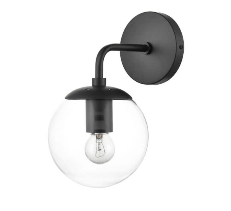 lot 355 image: New Light Society Zeno Globe Black Wall Sconce with Clear Shade