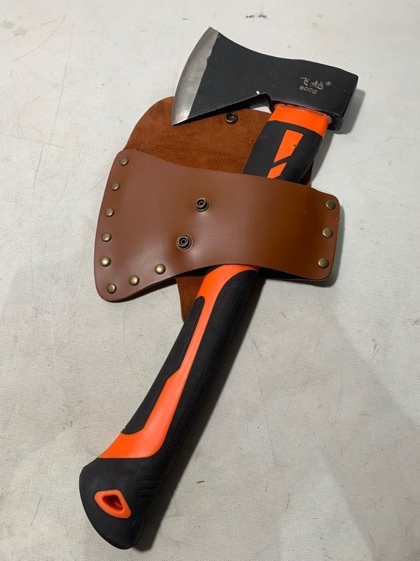 lot 225 image: Outdoor Forged Steel Fiber Glass Camping Wood Axe 600g w Leather Sheath