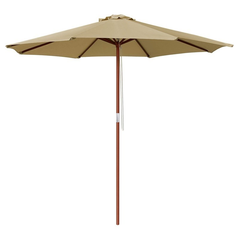 lot 230 image: 9ft Wooden Outdoor Patio Table Beige Umbrella