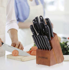 lot 17 image: Esonmus Professional Knife Set with Pine Wood Block Kitchen Knife Set 15 Pieces with Stainless Steel Blade