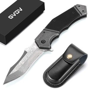 lot 47 image: New GVDV Damascus Steel Pocket Knife w G10 Handle and Handmade Folding Knife Leather Sheath