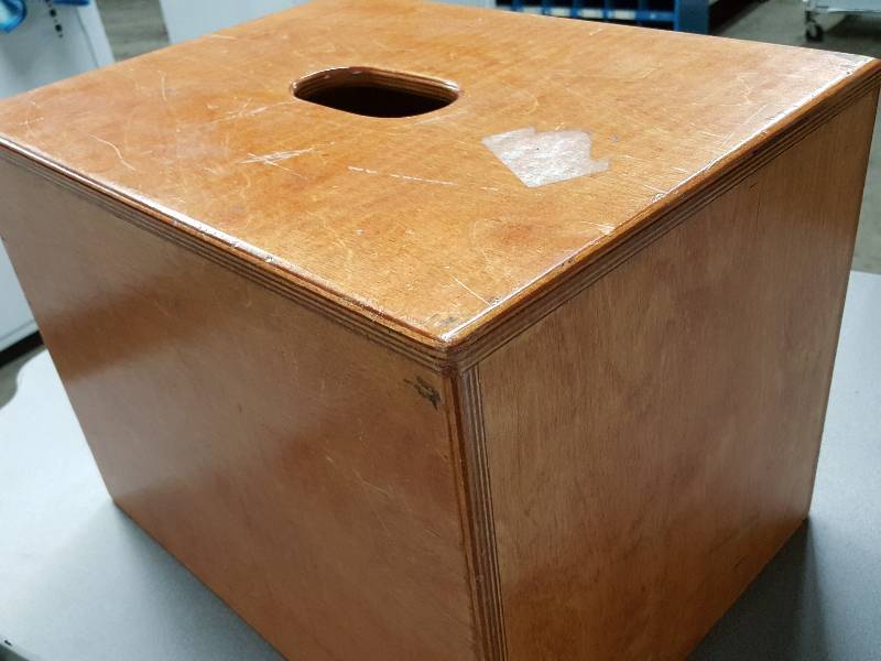 lot 2020 image: Professional built wood foot or butt stool.  16 X 12 X 12 Handy under the counter