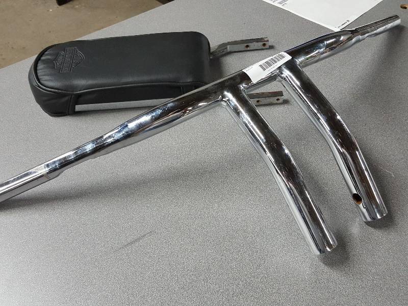 lot 2023 image: Chopper Harley Davidson chrome handle bars and rider chrome, black padded seat back.