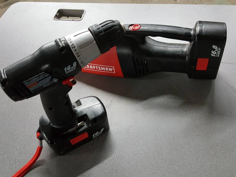 lot 2106 image: Craftsman 16.8 volt battery powered drill and shop vacuum.  Both have batteries but no charger.