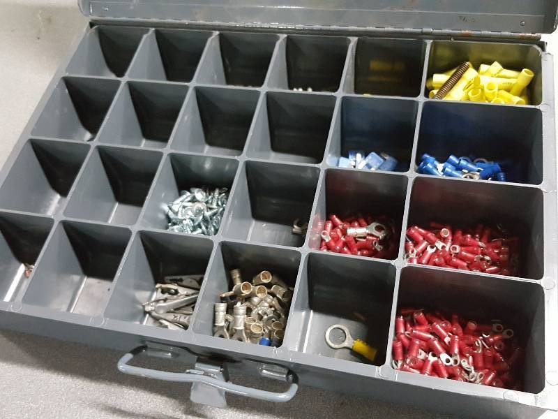lot 2126 image: 24 slot small parts container loaded with electrical connectors for the tool box or shop inventory