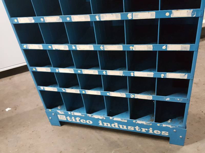Serious heavy duty metal bolt bin or small parts storage unit. About 48