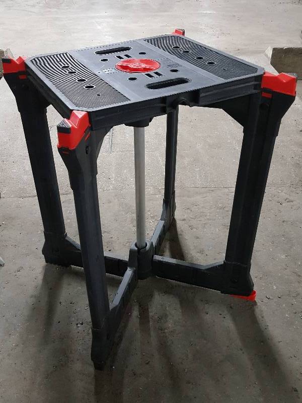 lot 2178 image: Collapsible 31 inch tall square work bench with legs.  Quick up and quick down.